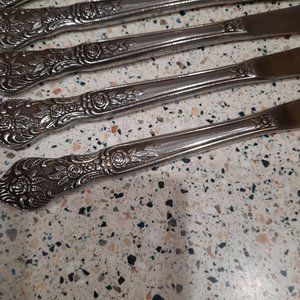6 - Normandy Stainless Flatware Japan Rose Dinner Knives Floral Pattern 9"